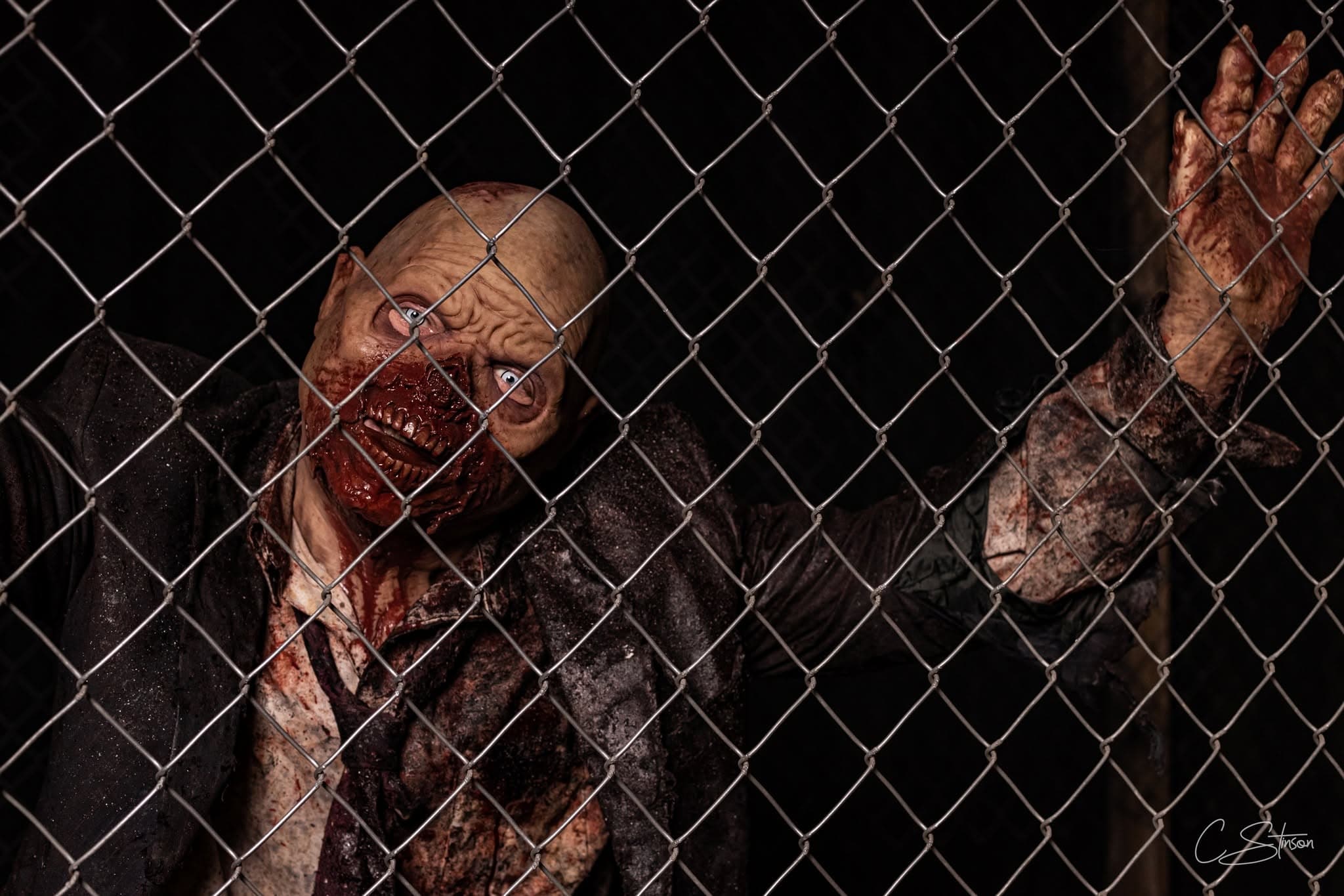 Creepy Hollow Woods actor behind a chain-link fence